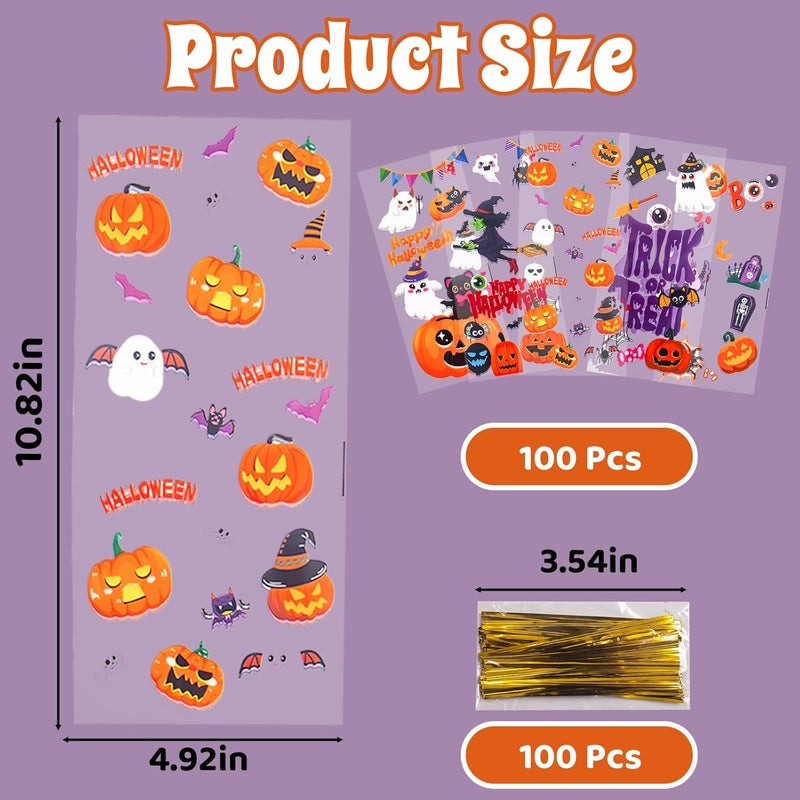 Muswarm Halloween Treat Bags, 100pc Trick or Treat Cellophane Candy Bags with Twist Ties, Snacks, Cookies,Goodie Packing, Party Supplies - Image 2